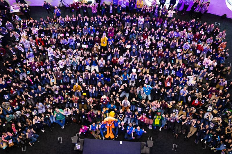 top down group photo of Mozilla Festival participants gathered at the main stage